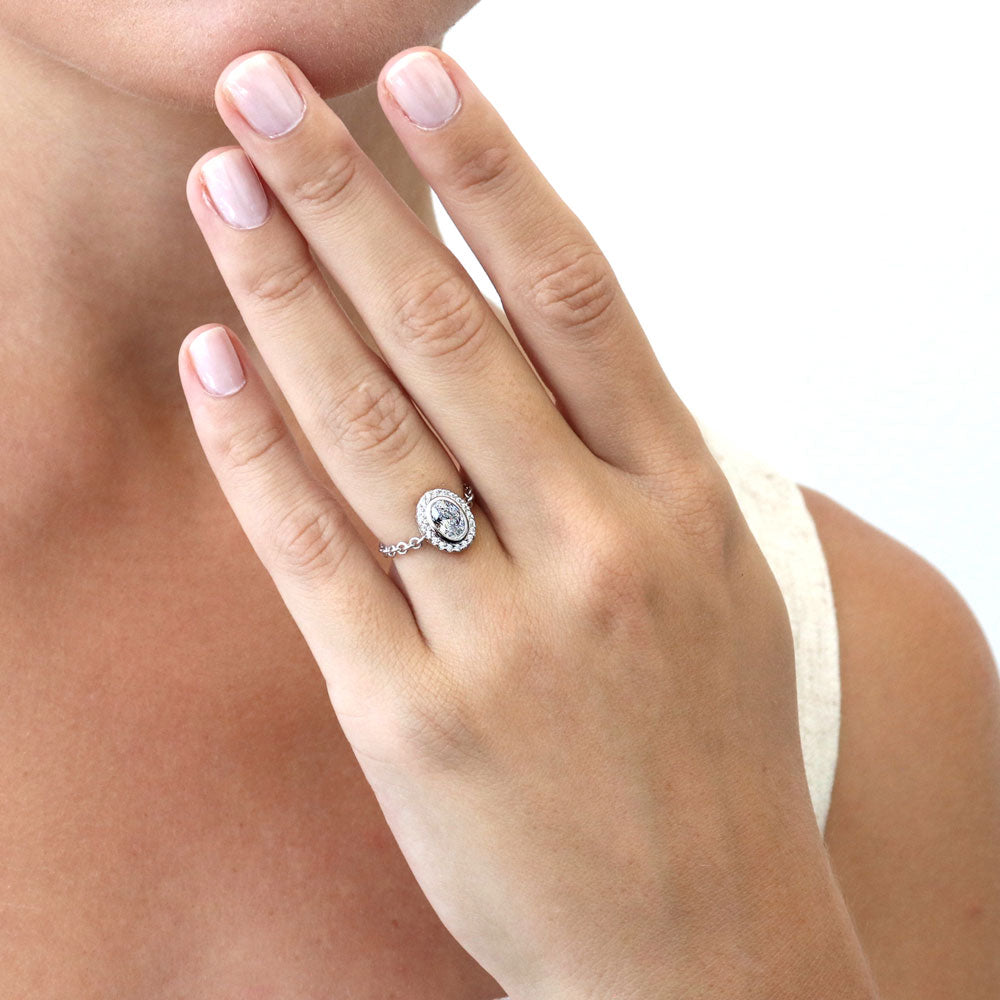 Model wearing Halo Oval CZ Chain Ring in Sterling Silver, 3 of 8