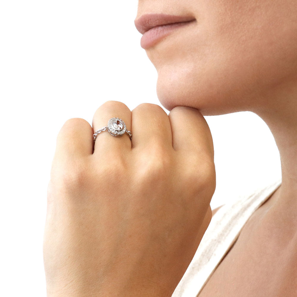 Model wearing Halo Oval CZ Chain Ring in Sterling Silver
