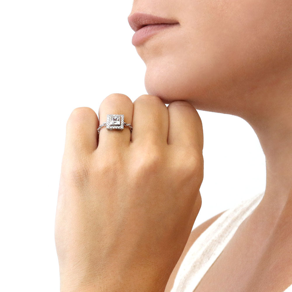 Model wearing Halo Princess CZ Chain Ring in Sterling Silver