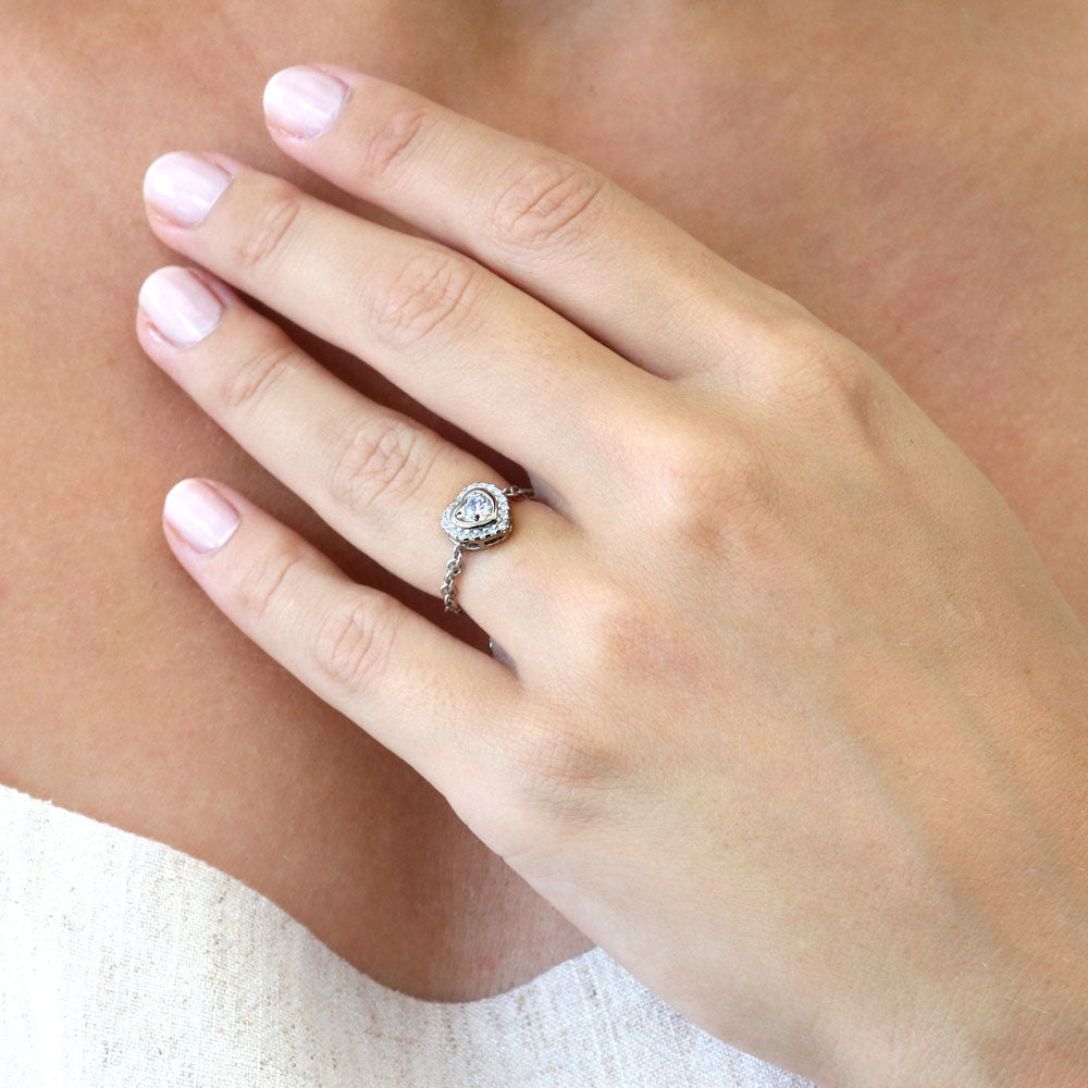 Model wearing Halo Heart CZ Chain Ring in Sterling Silver