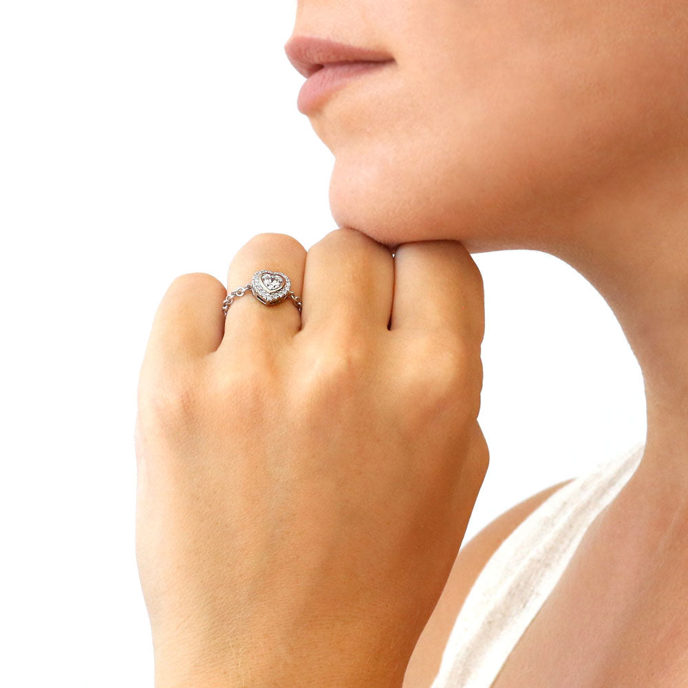 Model wearing Halo Heart CZ Chain Ring in Sterling Silver