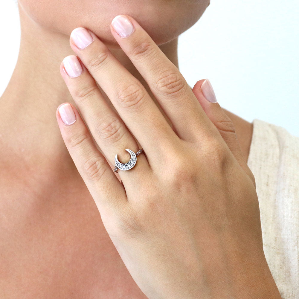 Model wearing Crescent Moon CZ Chain Ring in Sterling Silver