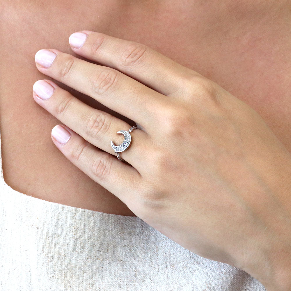 Model wearing Crescent Moon CZ Chain Ring in Sterling Silver