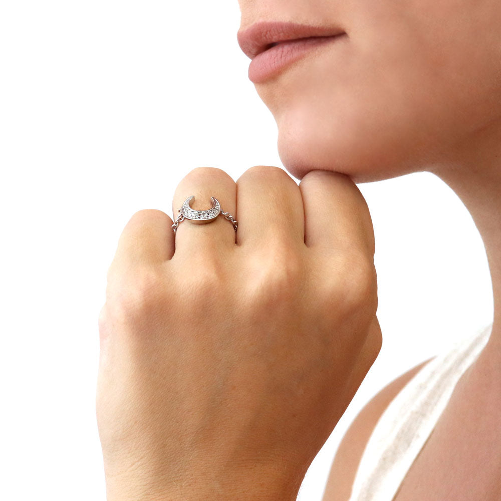 Model wearing Crescent Moon CZ Chain Ring in Sterling Silver