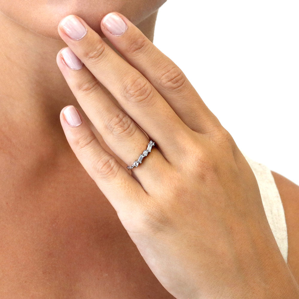 Model wearing Art Deco CZ Chain Ring in Sterling Silver