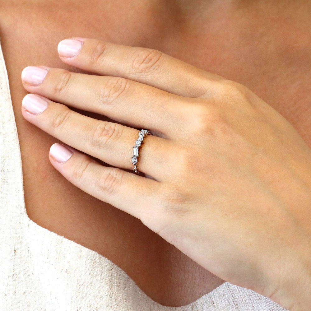 Model wearing Art Deco CZ Chain Ring in Sterling Silver