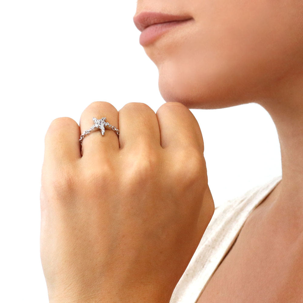 Model wearing Starfish CZ Chain Ring in Sterling Silver