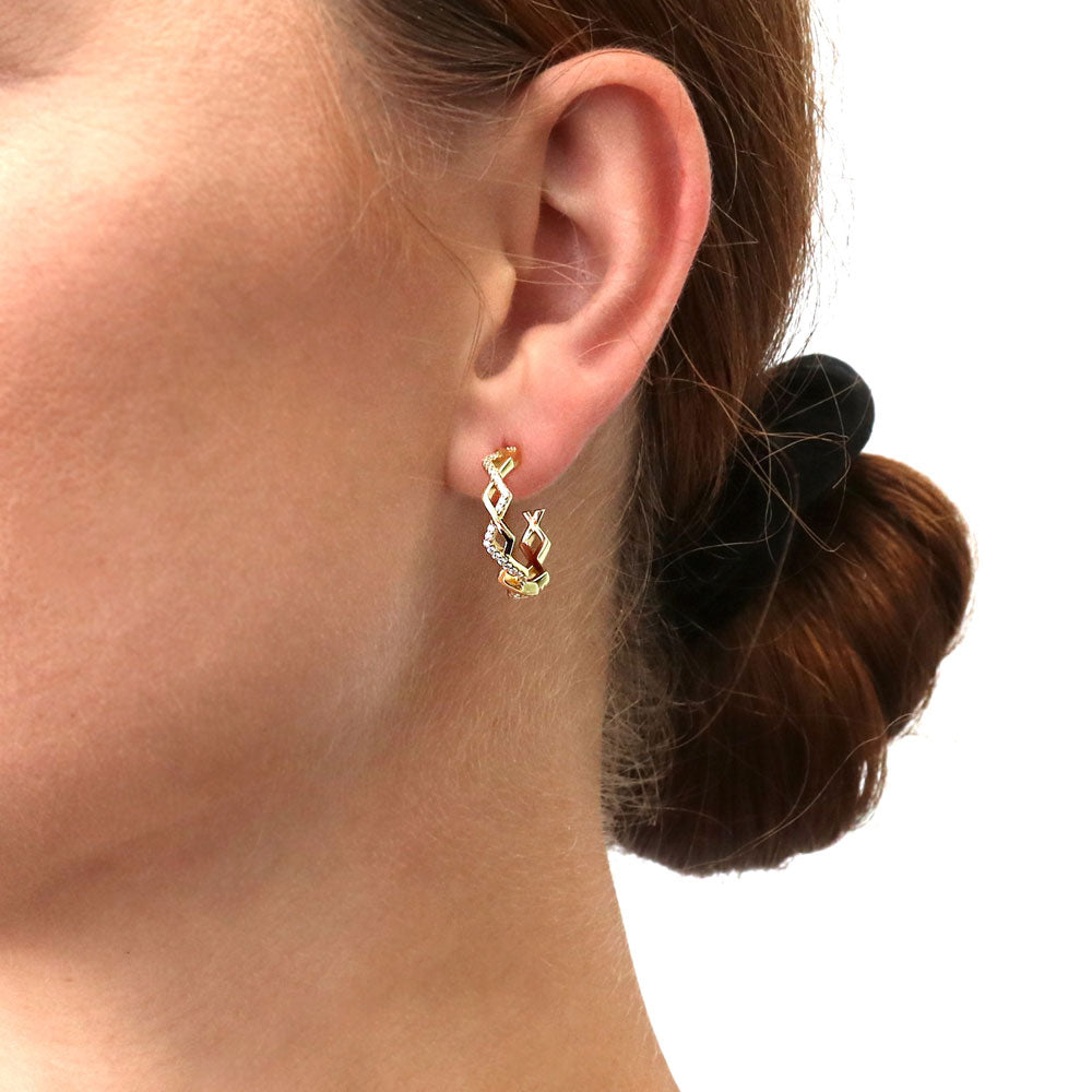 Model wearing Woven CZ Medium Half Hoop Earrings in Sterling Silver 0.8 inch