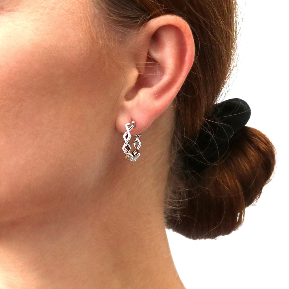 Model wearing Woven CZ Medium Half Hoop Earrings in Sterling Silver 0.8 inch
