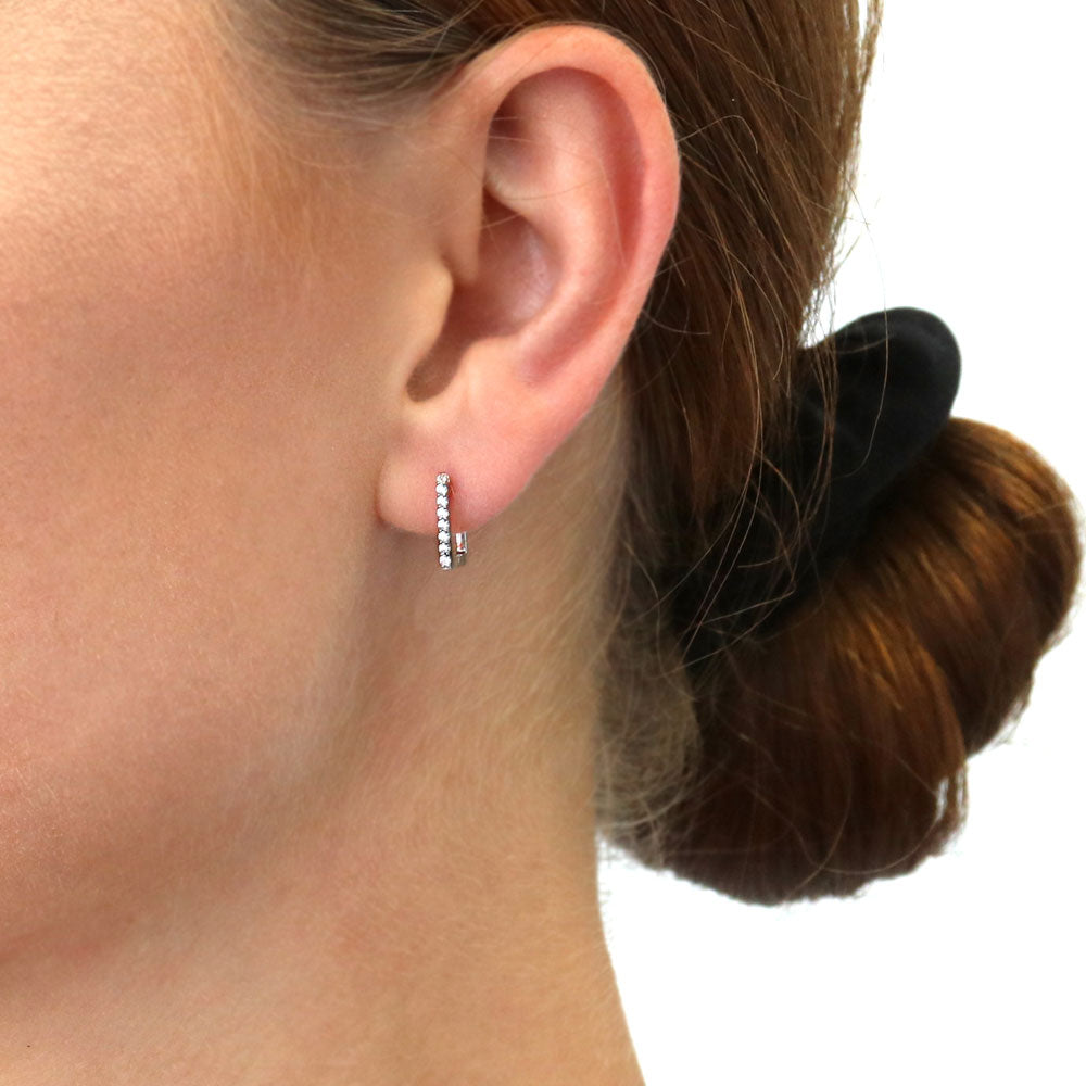 Model wearing Rectangle CZ Mini Hoop Earrings in Sterling Silver 0.46 inch, 6 of 12