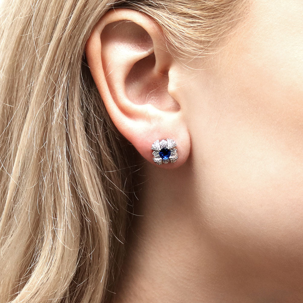 Model wearing Square Simulated Blue Sapphire CZ Stud Earrings in Sterling Silver, 2 of 6