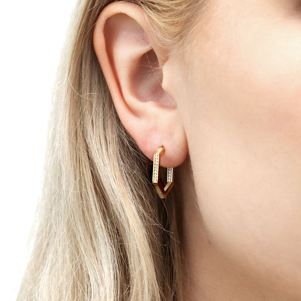 Model wearing Hexagon CZ Small Inside-Out Hoop Earrings in Sterling Silver 0.8 inch, Yellow Gold Flashed