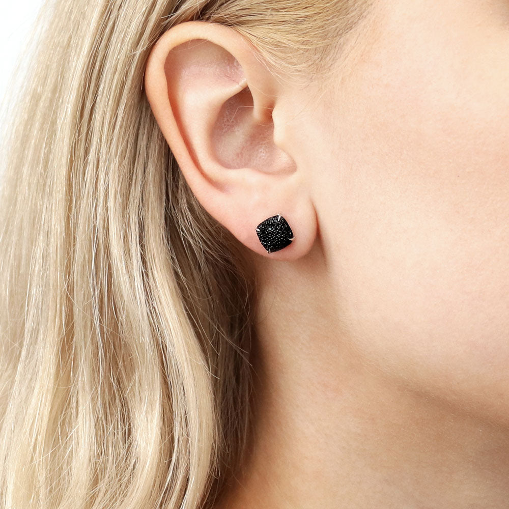 Model wearing Square CZ Stud Earrings in Sterling Silver