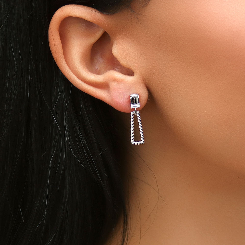 Model wearing Cable Trapezoid CZ Dangle Earrings in Sterling Silver