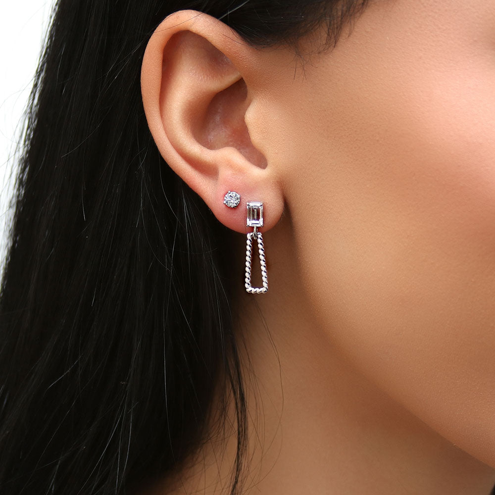 Model wearing Cable Trapezoid CZ Dangle Earrings in Sterling Silver