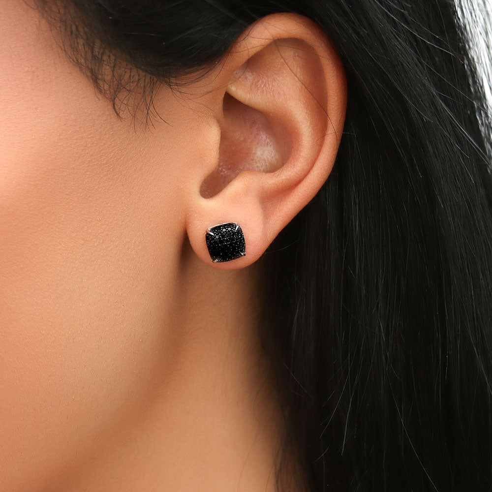 Model wearing Square CZ Stud Earrings in Sterling Silver