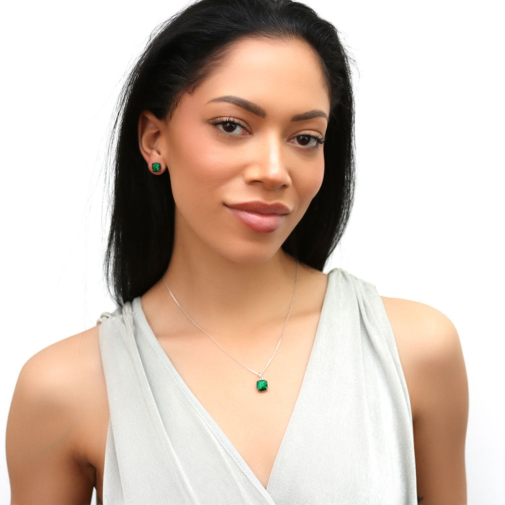 Model wearing Square Green CZ Necklace and Earrings Set in Sterling Silver, 2 of 12