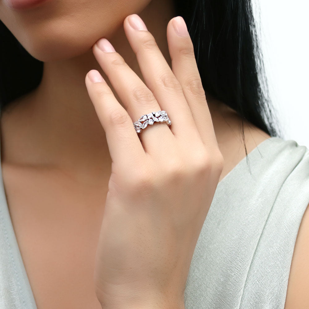 Model wearing Cluster Pear CZ Statement Eternity Ring in Sterling Silver
