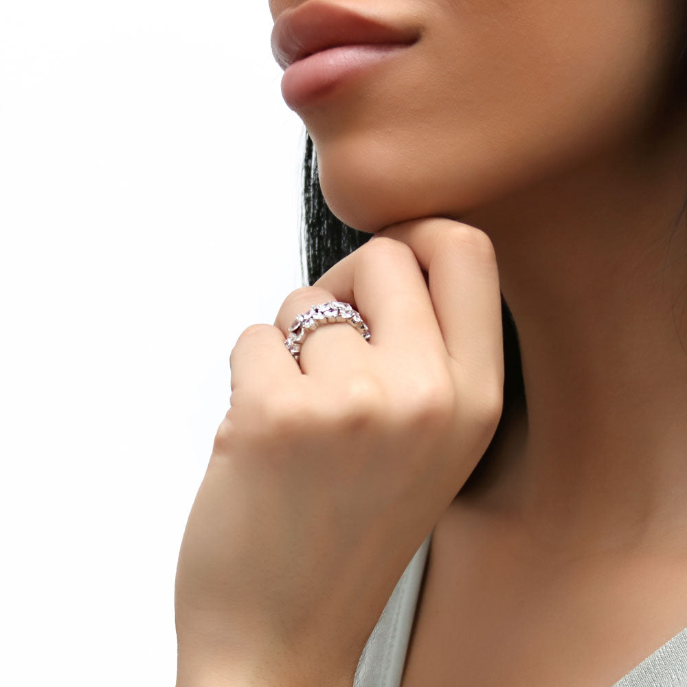 Model wearing Cluster Pear CZ Statement Eternity Ring in Sterling Silver