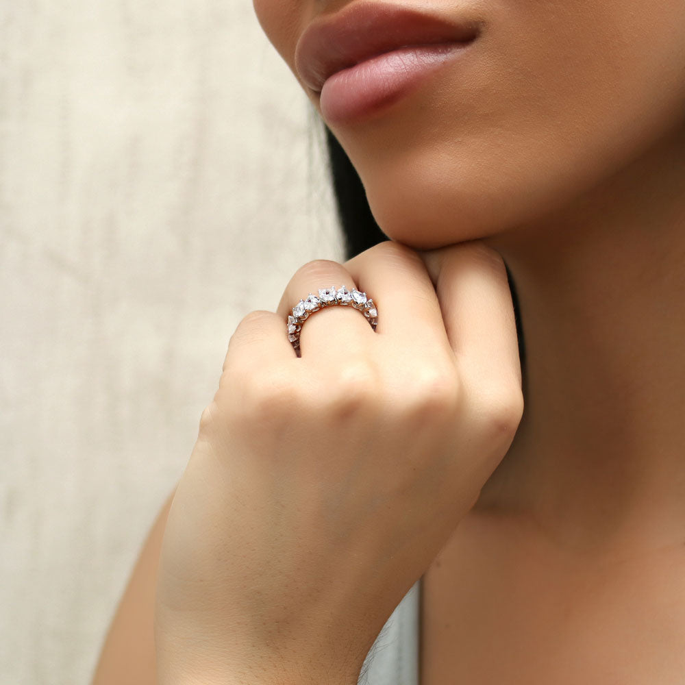 Model wearing Heart CZ Eternity Ring in Sterling Silver