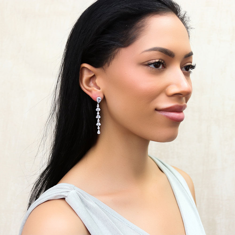 Model wearing Teardrop CZ Statement Chandelier Earrings in Sterling Silver