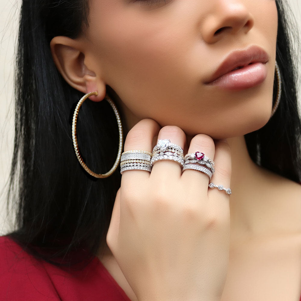 Model wearing Bead Pave Set CZ Eternity Ring in Sterling Silver