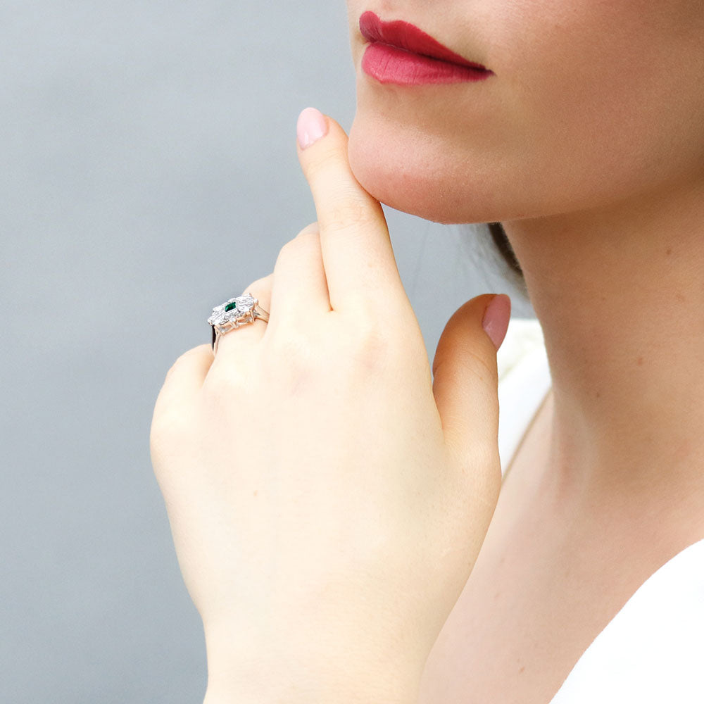 Model wearing Art Deco Filigree CZ Ring in Sterling Silver