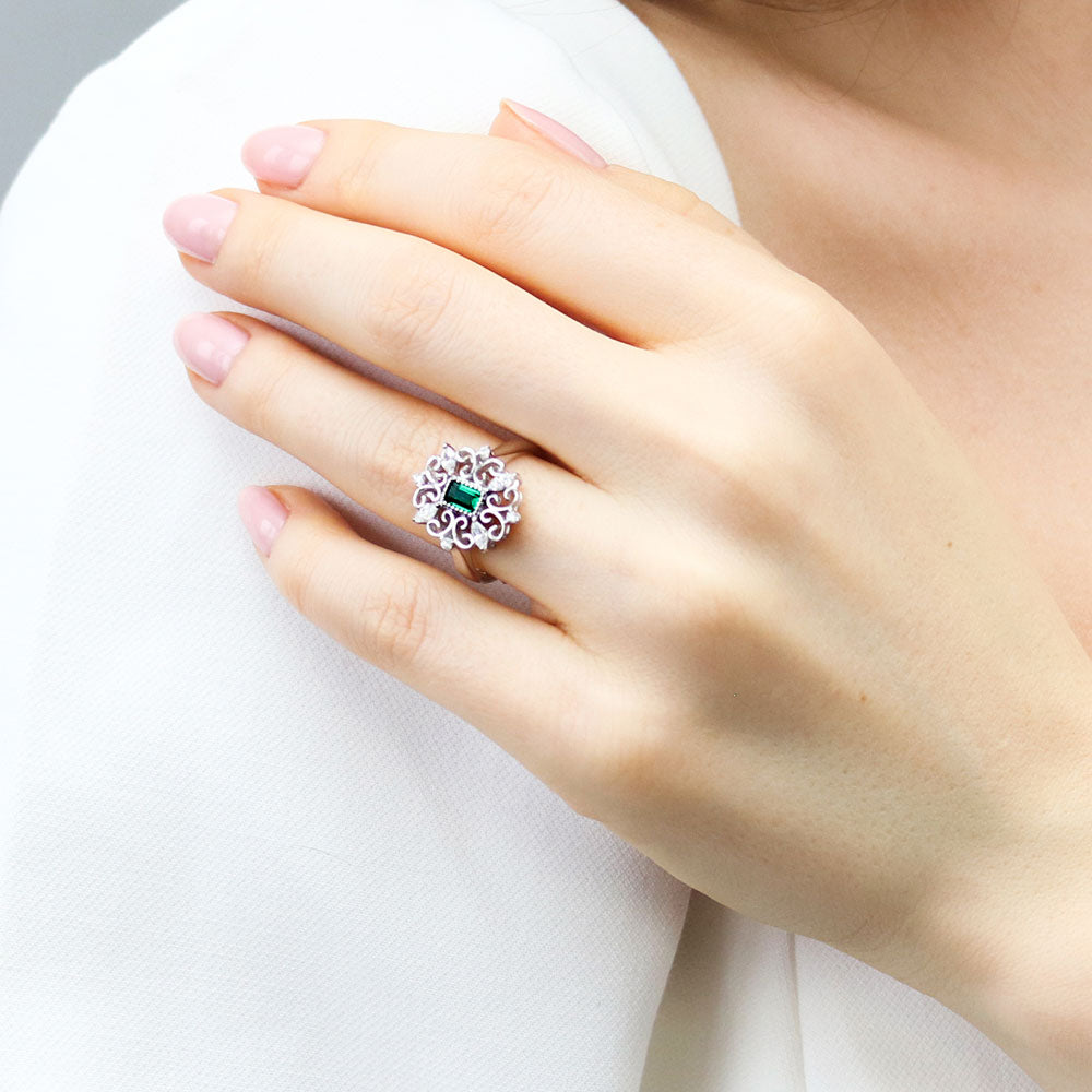 Model wearing Art Deco Filigree CZ Ring in Sterling Silver