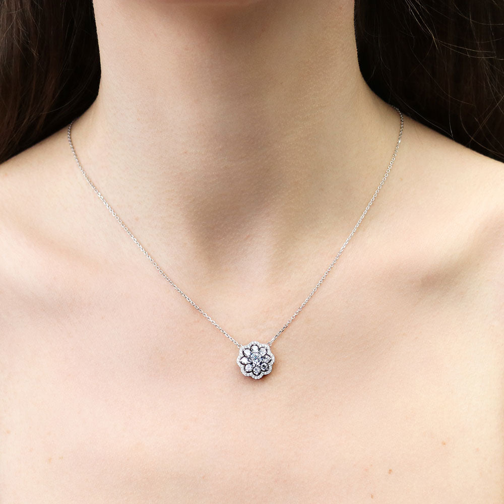 Model wearing Flower Halo CZ Necklace and Earrings Set in Sterling Silver, 11 of 14