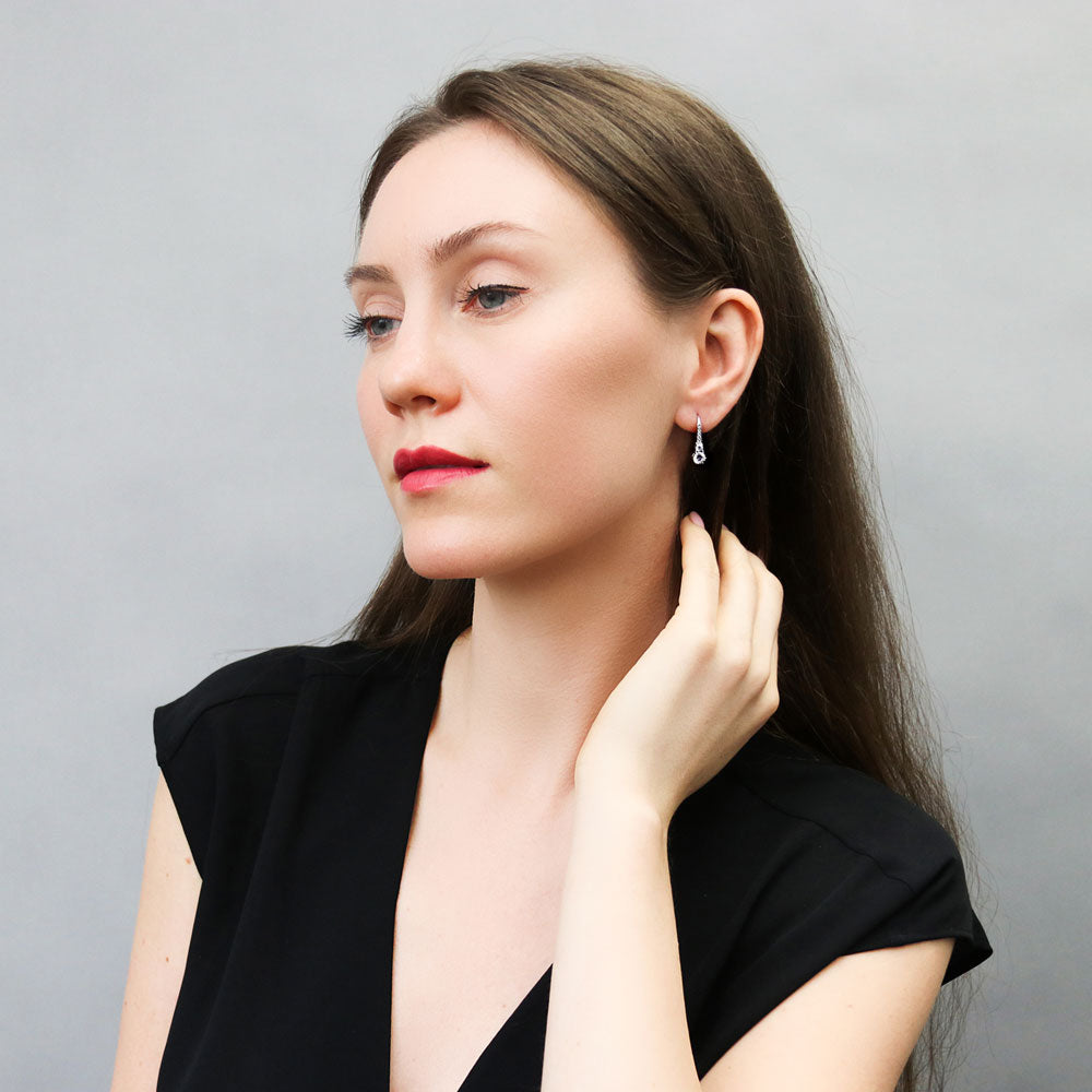 Model wearing CZ Leverback Dangle Earrings in Sterling Silver