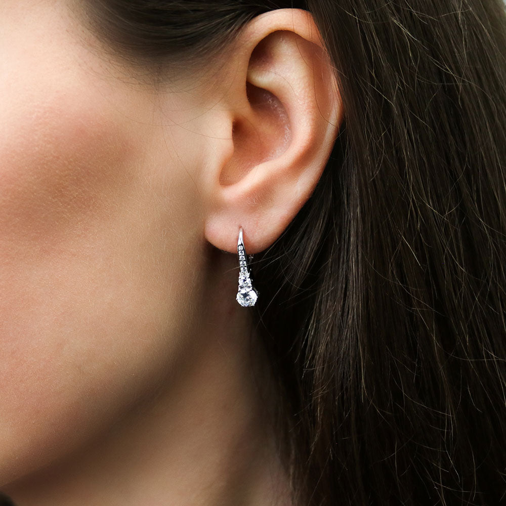 Model wearing CZ Leverback Dangle Earrings in Sterling Silver