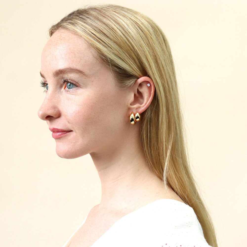 Model wearing Dome Hoop Earrings in Gold Flashed Sterling Silver, 2 Pairs, 15 of 18