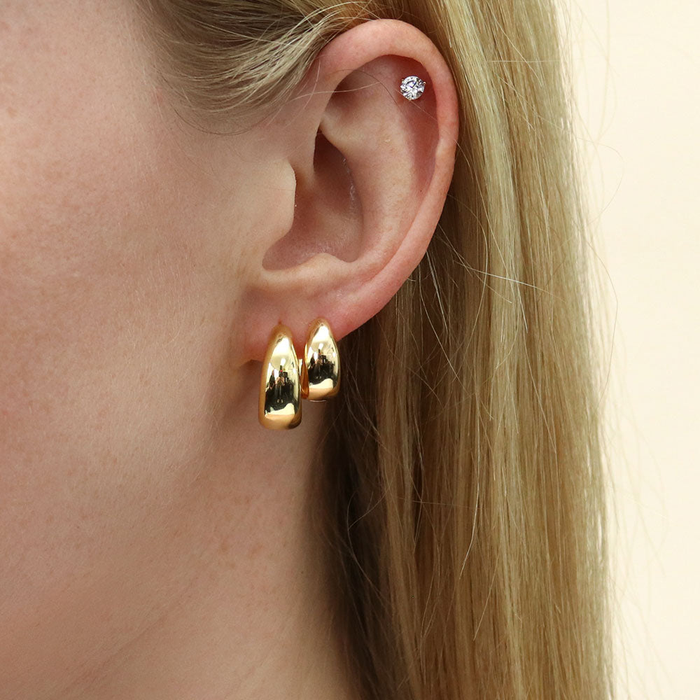 Model wearing Dome Hoop Earrings in Gold Flashed Sterling Silver, 2 Pairs, 14 of 18