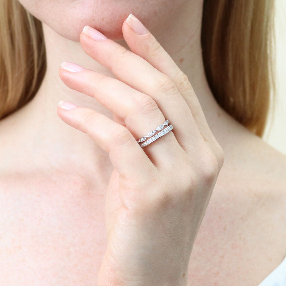 Model wearing Woven Pave Set CZ Eternity Ring Set in Sterling Silver