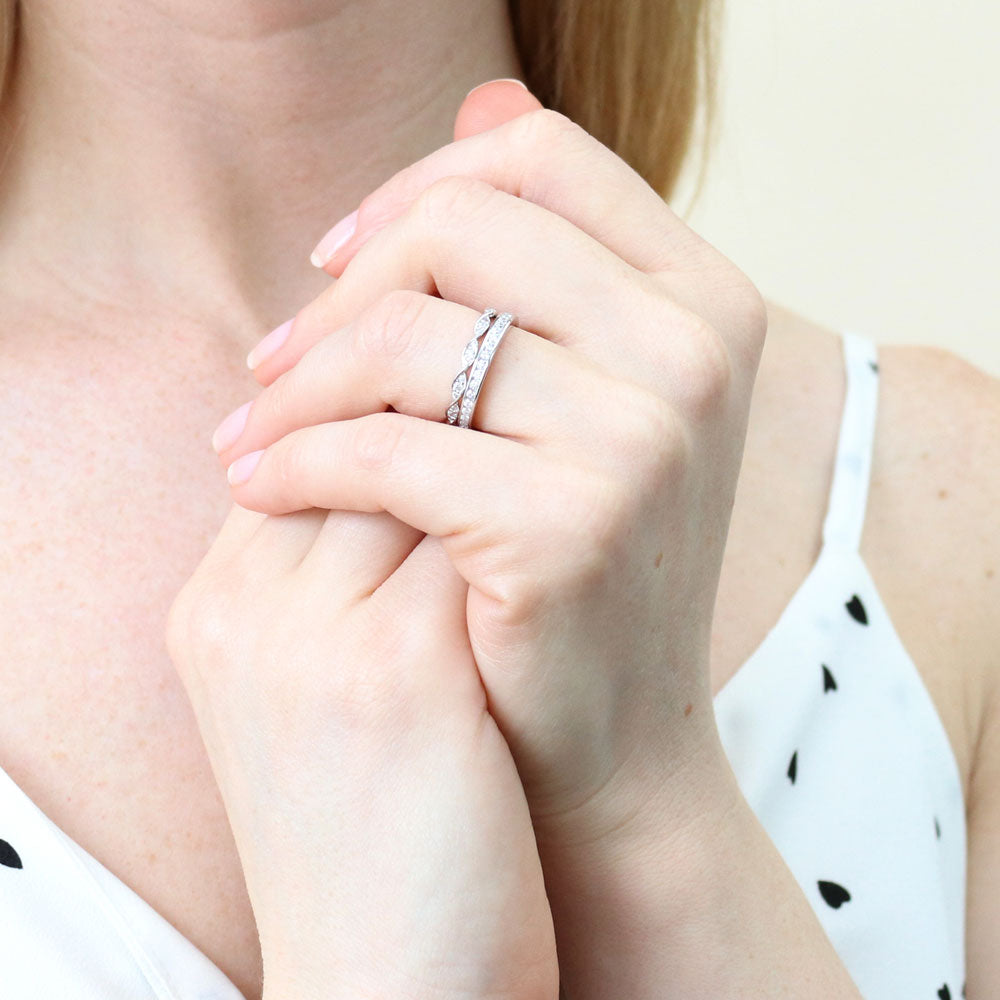 Model wearing Woven Pave Set CZ Eternity Ring Set in Sterling Silver