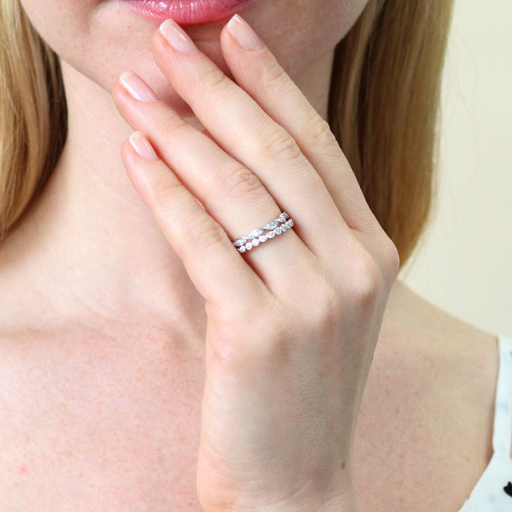 Model wearing Woven Bubble Pave Set CZ Eternity Ring Set in Sterling Silver