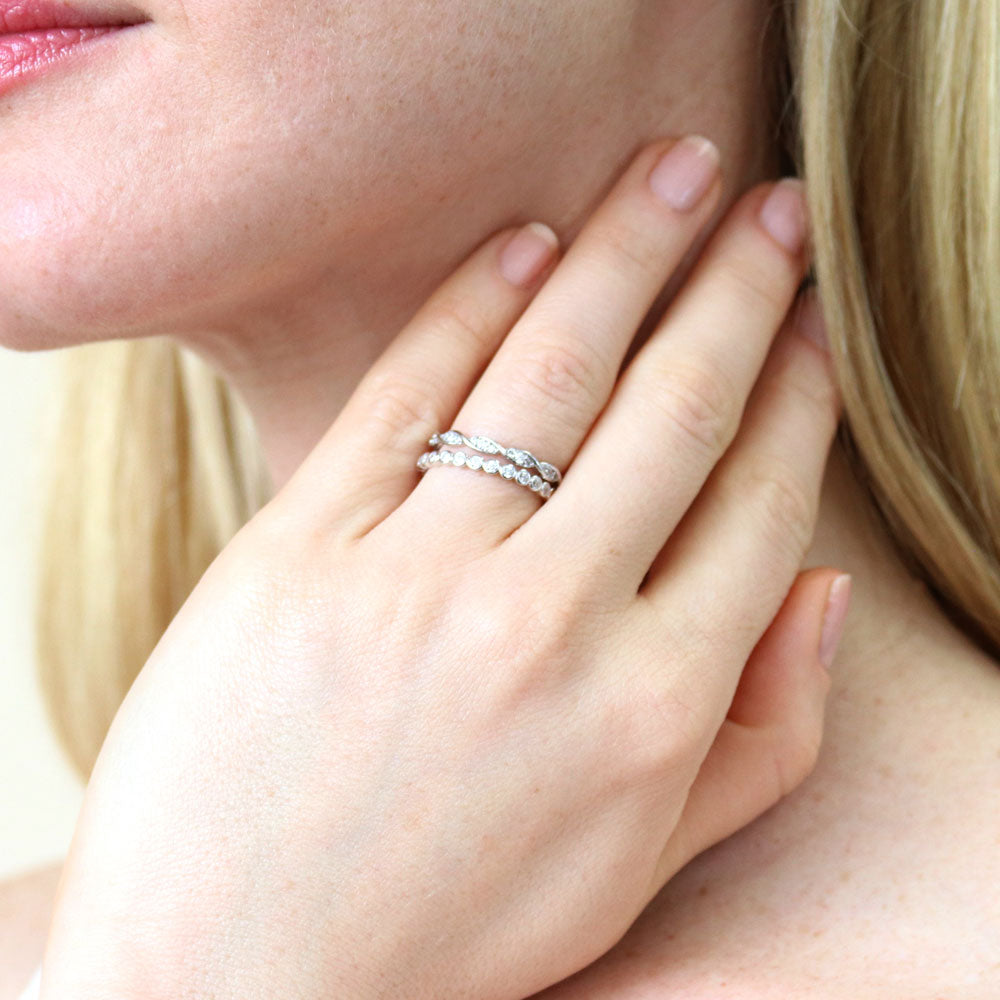 Model wearing Woven Bubble Pave Set CZ Eternity Ring Set in Sterling Silver