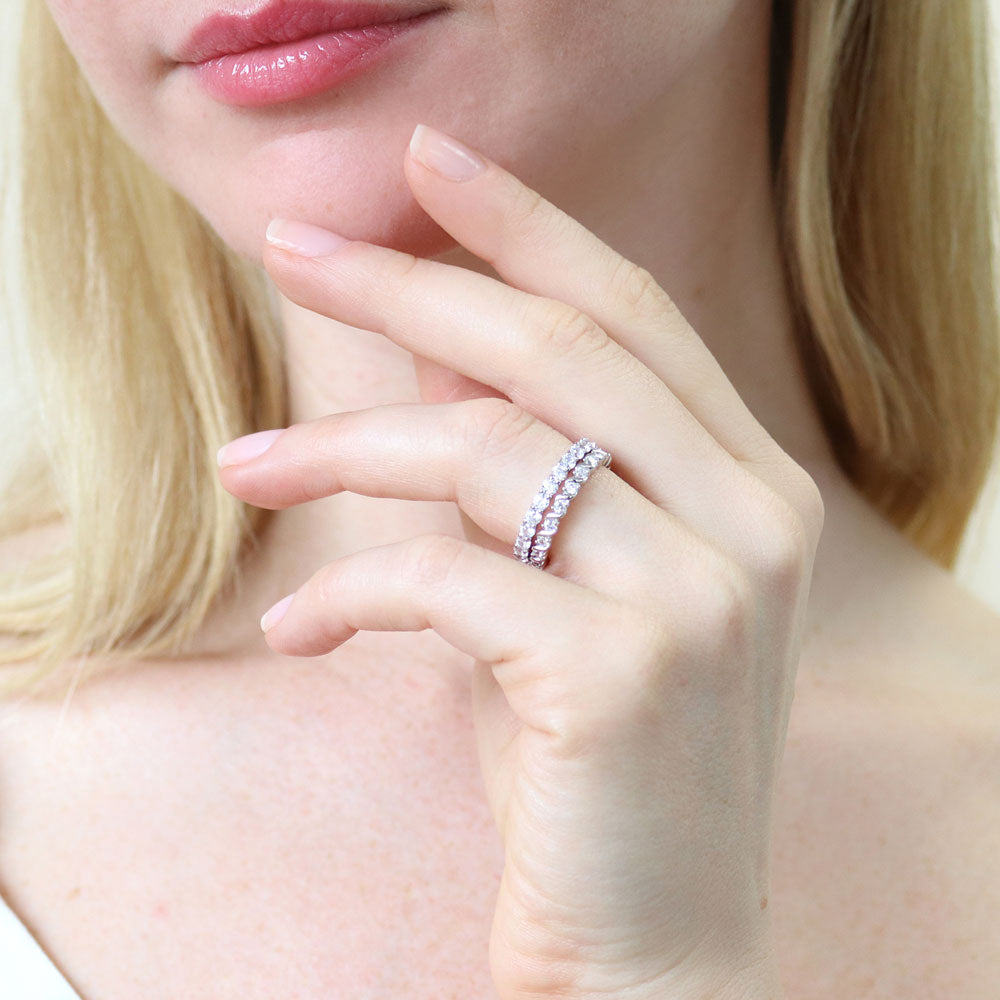 Model wearing Pave Set CZ Eternity Ring Set in Sterling Silver