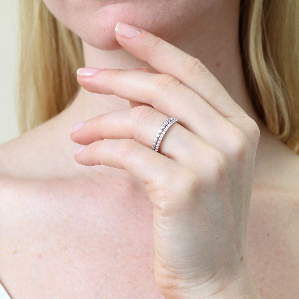Model wearing Bubble Pave Set CZ Eternity Ring Set in Sterling Silver, 2 of 13