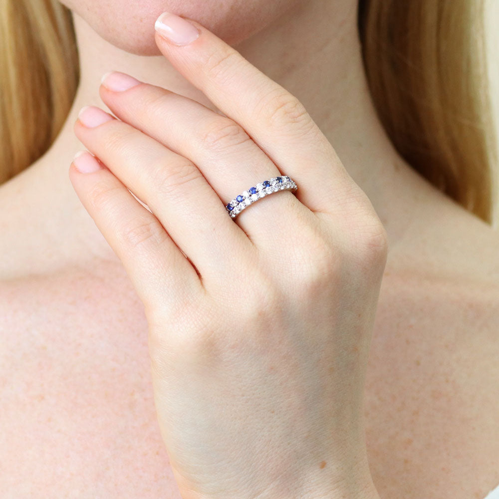 Model wearing Pave Set CZ Eternity Ring Set in Sterling Silver