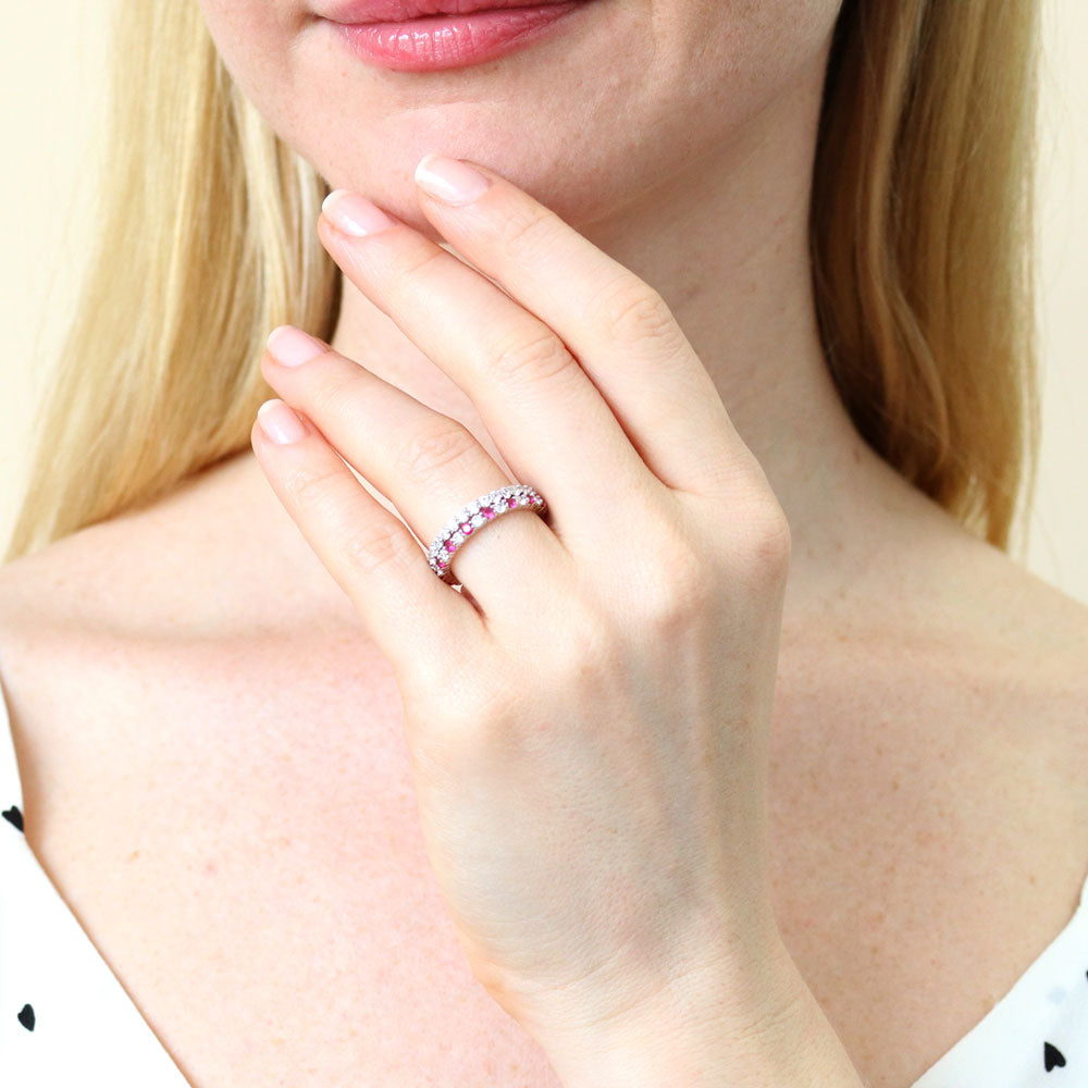 Model wearing Pave Set CZ Eternity Ring Set in Sterling Silver