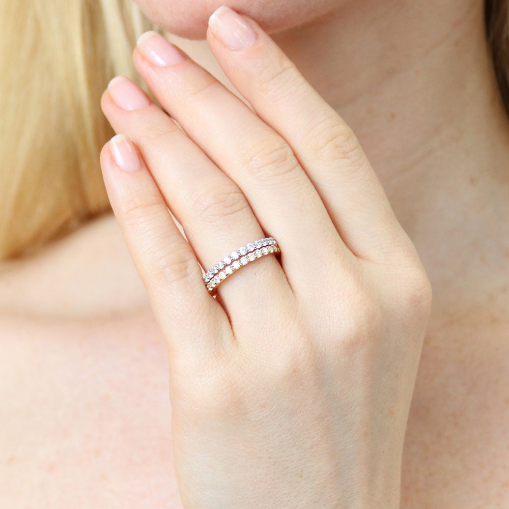 Model wearing Pave Set CZ Eternity Ring Set in Sterling Silver