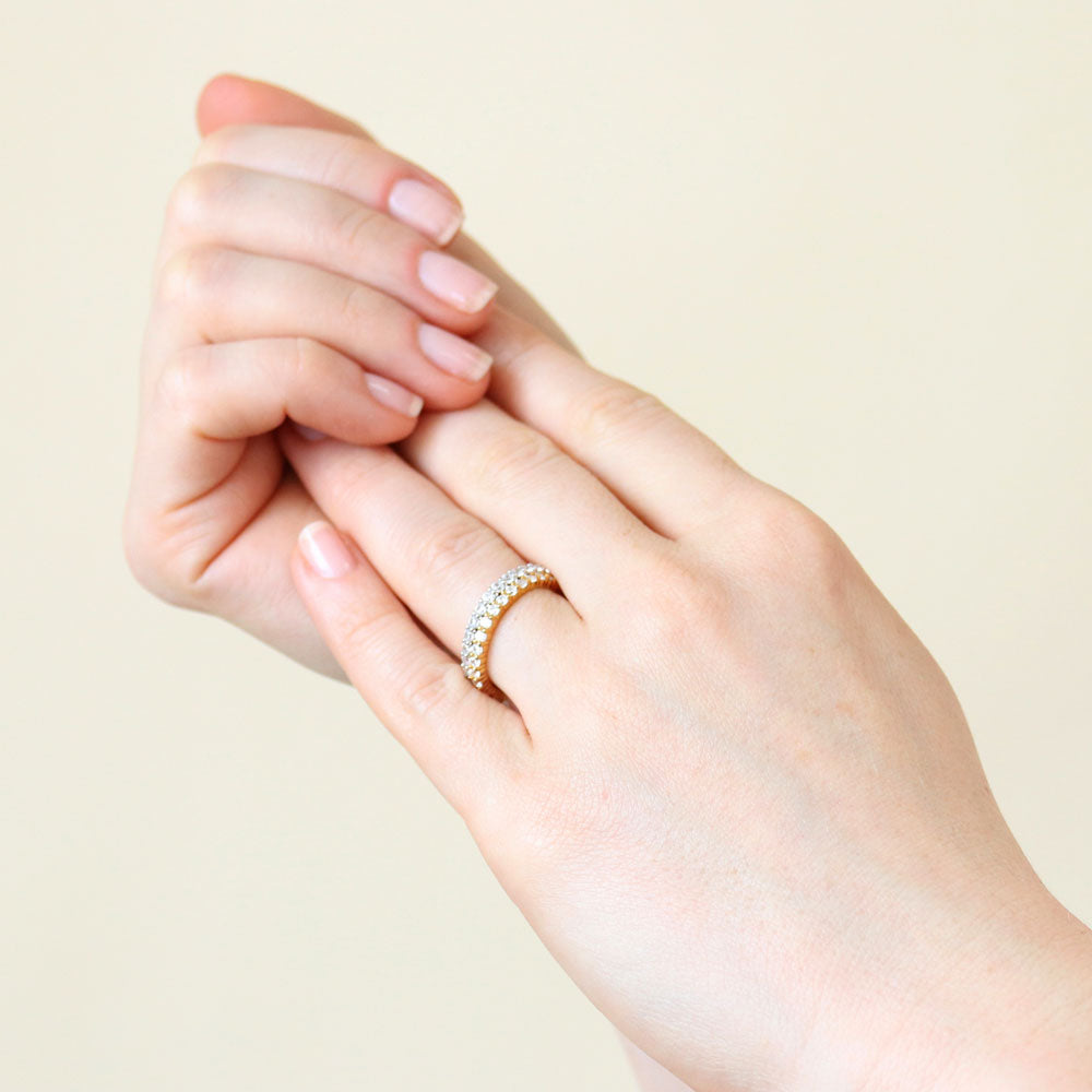 Model wearing Pave Set CZ Eternity Ring Set in Sterling Silver