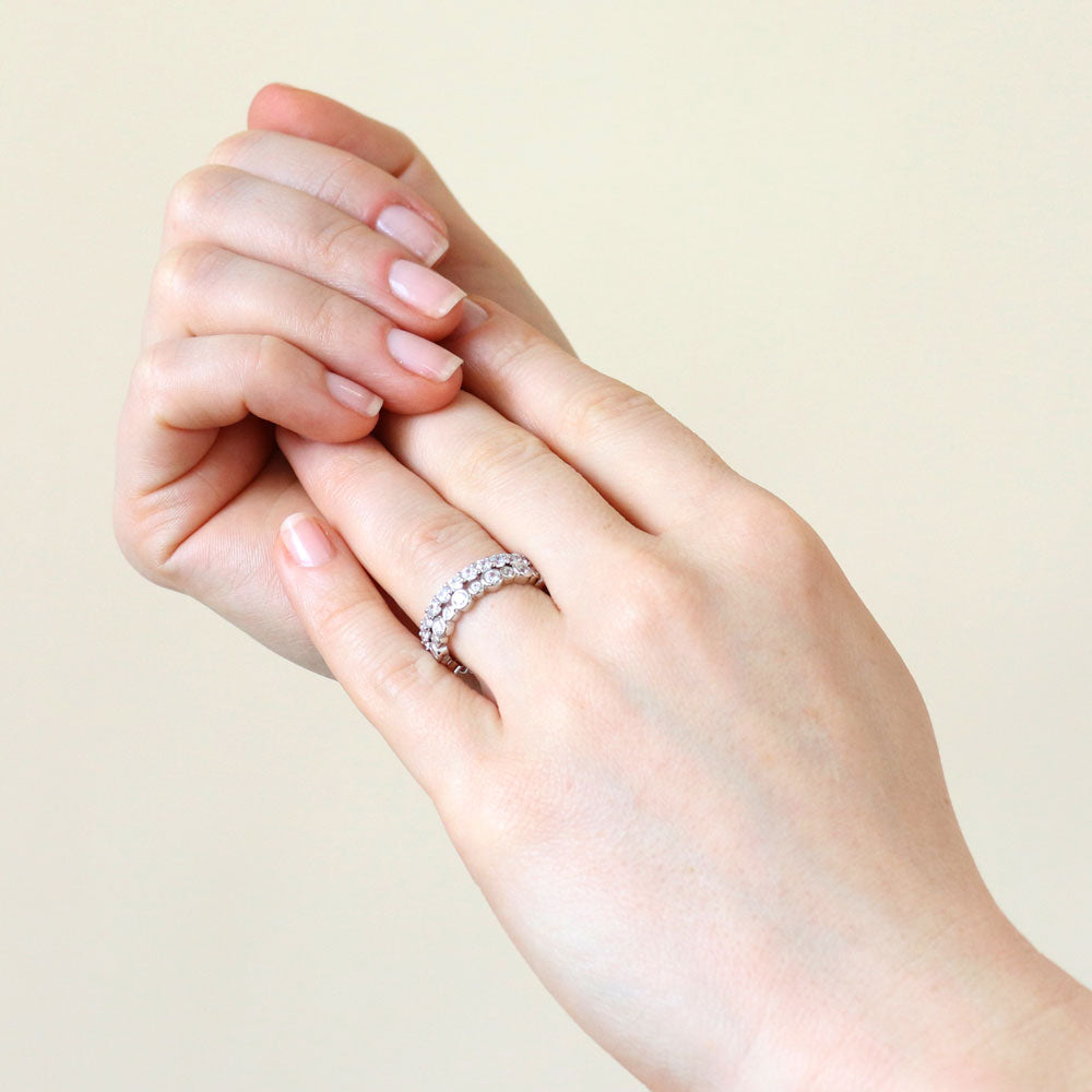 Model wearing Bubble Pave Set CZ Eternity Ring Set in Sterling Silver