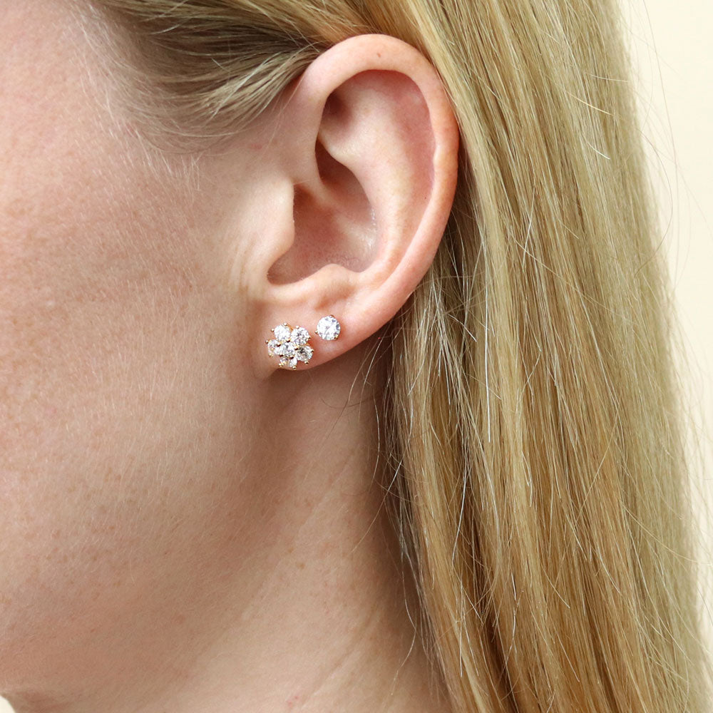 Model wearing Solitaire Oval Cultured Pearl 2 Pairs Earrings Set in Sterling Silver