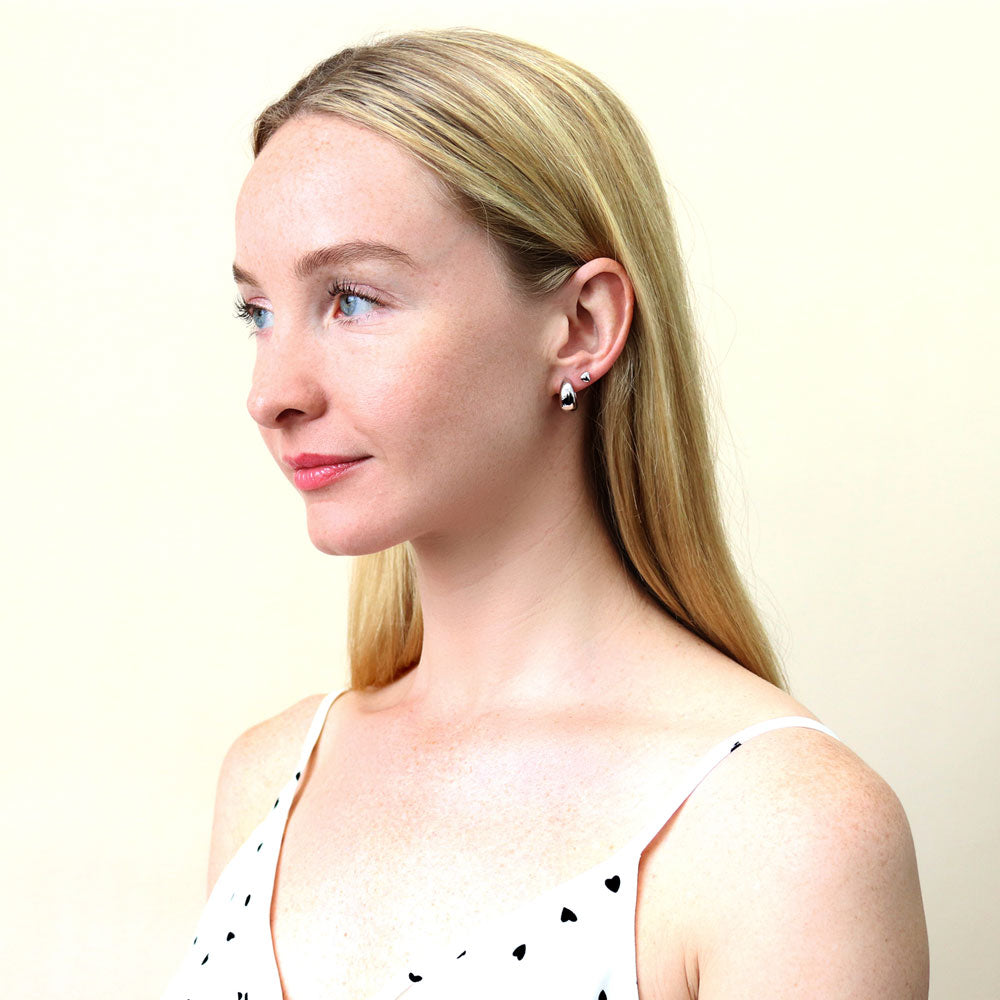 Model wearing Dome CZ 2 Pairs Huggie and Stud Earrings Set in Sterling Silver