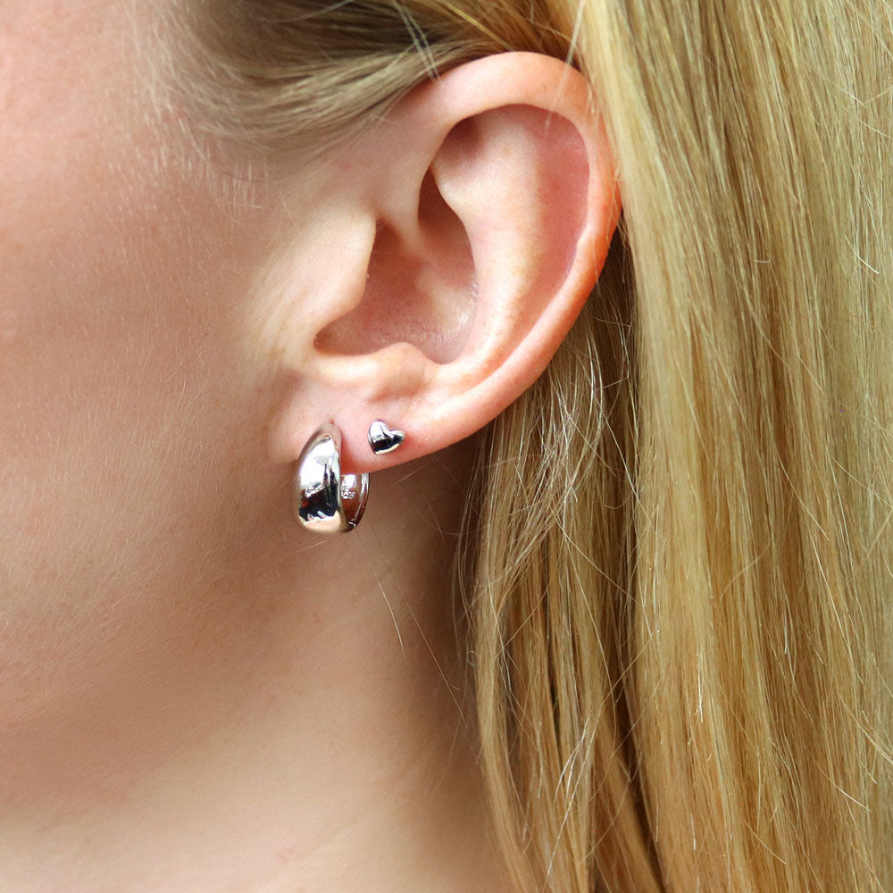 Model wearing Dome CZ 2 Pairs Huggie and Stud Earrings Set in Sterling Silver