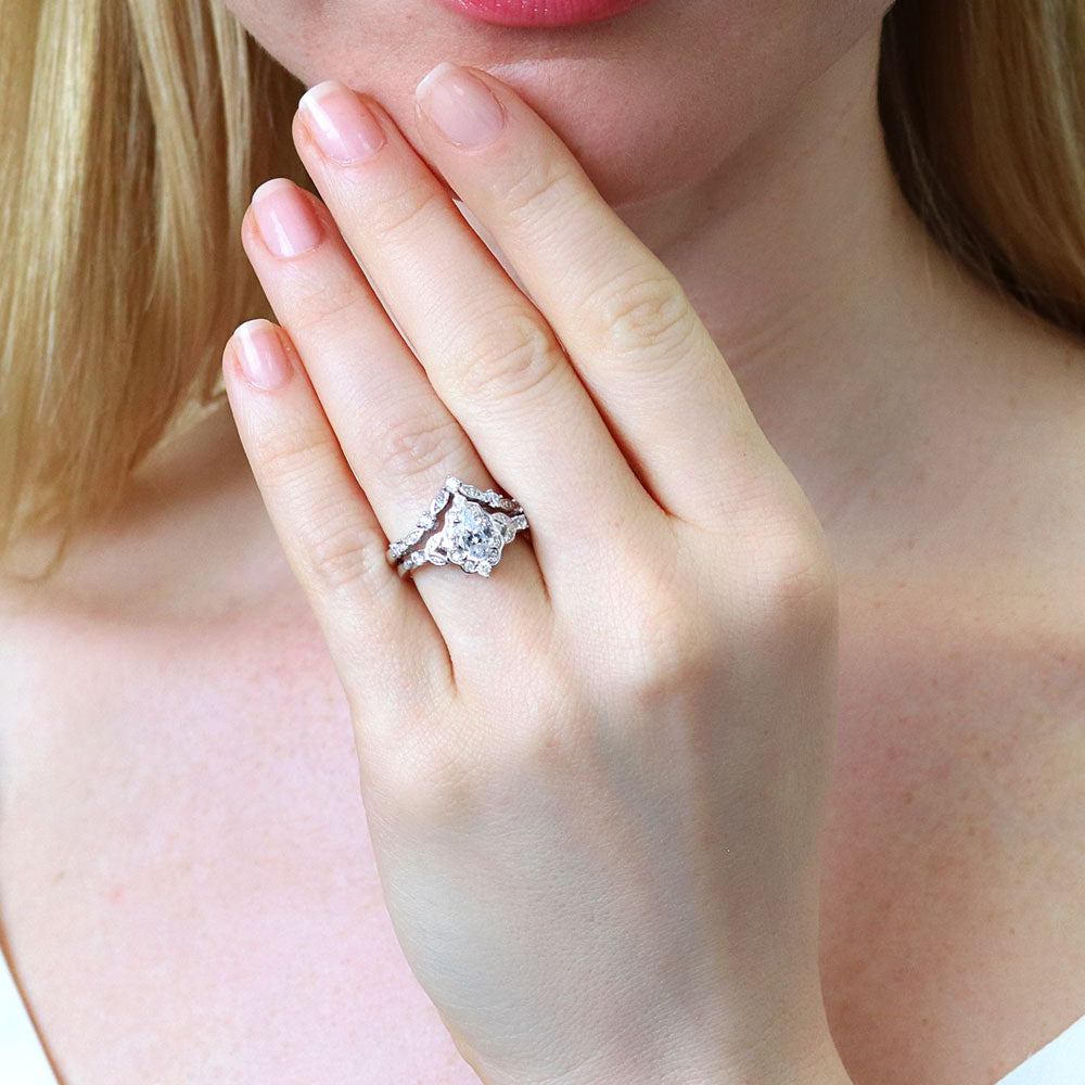 Model wearing Chevron Halo CZ Ring Set in Sterling Silver