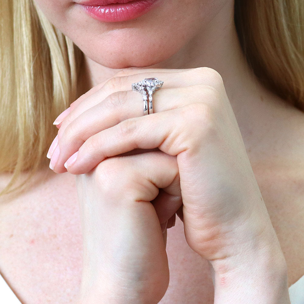 Model wearing Chevron Halo CZ Ring Set in Sterling Silver