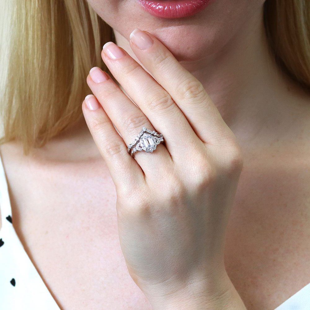 Model wearing Chevron Halo CZ Ring Set in Sterling Silver